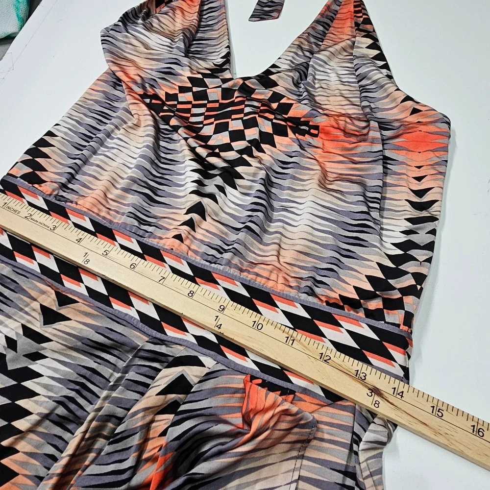 BCBGMAXAZRIA Halter‎ Deep V-Neck Dress Aztec Geo Stretch Orange Navy XS NWT